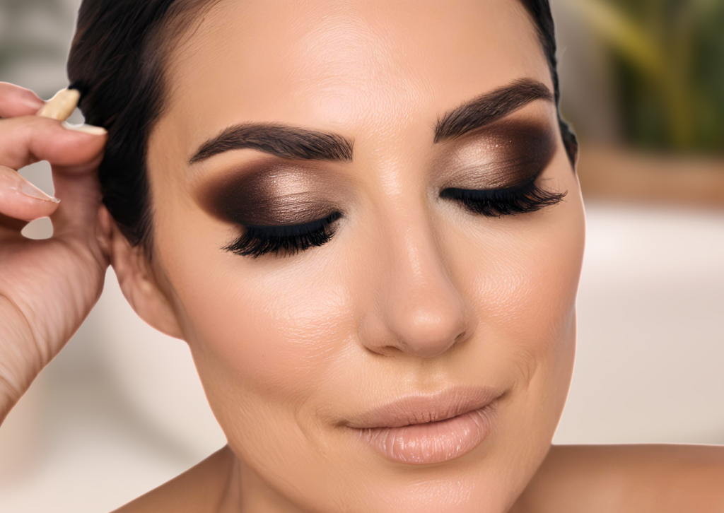 Close-up of a mature woman with her eyes closed, showing a beautiful smokey eye make-up look and perfectly manicured eyebrows